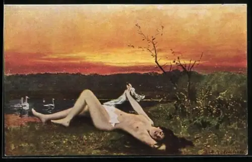 Künstler-AK Junge Frau posiert nackt am Ufer