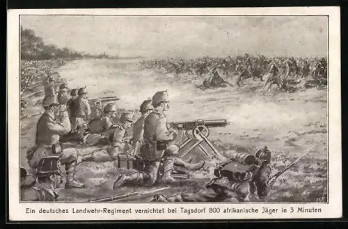 Künstler-AK Tagsdorf, Ein deutsches Landwehr-Regiment vernichtet afrikanische Jäger