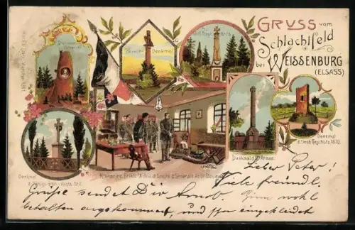 Lithographie Weissenburg / Elsass, Schlachtfeld, Bayern-Denkmal, Denkmal d. III. Armee, Stichaner Denkmal