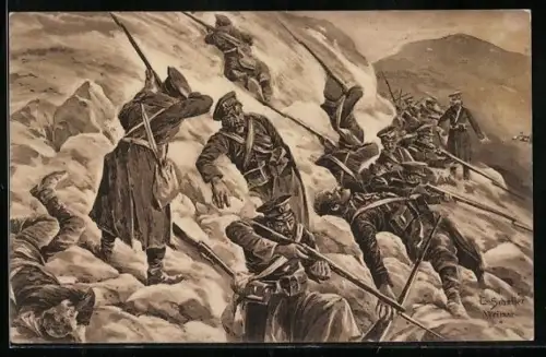 Künstler-AK Schlacht in den Karpathen, eingeschlossene russische Abteilung unter Feuer