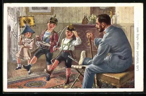 Künstler-AK H. Schubert: Kinder paradieren vor ihrem verwundeten Soldatenvater Lieb Vaterland, magst ruhig sein