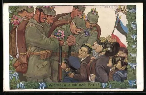 Künstler-AK Wir mög`n a mit nach Paris!, Kinder Kriegspropaganda