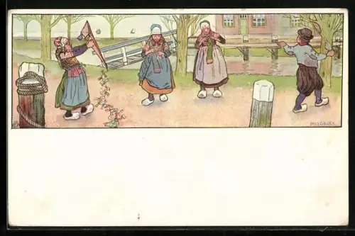 Künstler-AK sign. Melchers: Holländische Kinder lassen ihren Drachen steigen