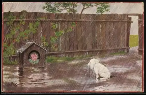 Künstler-AK H.S.B.: Kind sitzt in einer Hundehütte während der Hund im Regen wartet