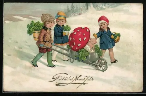 Künstler-AK Kinder mit Ferkel und Fliegenpilz - Neujahrsgruss