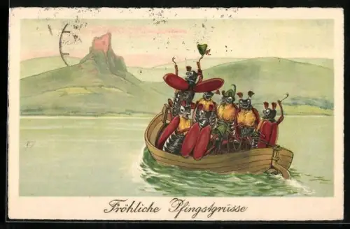 Lithographie Maikäfer im Boot