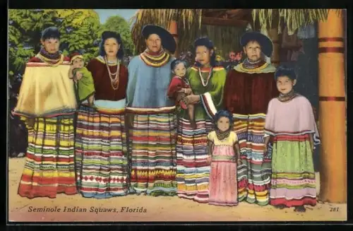 AK Indianerfrauen des Stammes Seminole mit ihren Kindern in Trachten