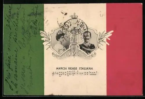 AK italienisches Präsidentenpaar im Portrait, Flagge und Notenzeile Marcia Reale Italiana