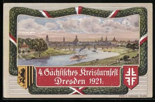AK Dresden, 4. Sächsisches Kreisturnfest 1921, Ortsansicht, Dampfer Sachsen, Wappen