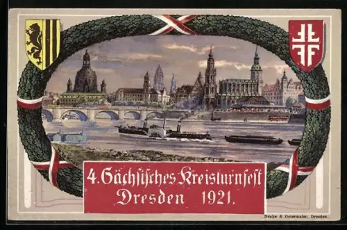 AK Dresden, 4. Sächsisches Kreisturnfest 1921, Dampfer auf der Elbe, Wappen