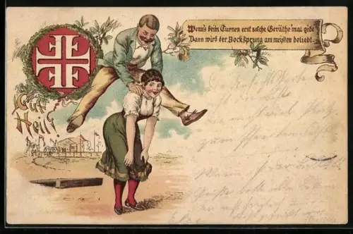 Lithographie Sportler mach Bocksprung über junge Frau