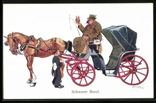 Künstler-AK Fritz Schönpflug: Schwerer Beruf!, fülliger Kutscher mit einem dürren Pferd vor der Pferdekutsche