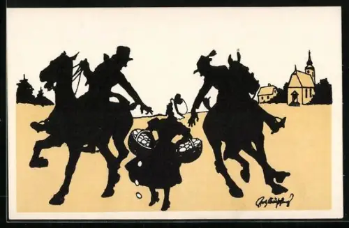 Künstler-AK Fritz Schönpflug: Männer zu Pferd bedrängen eine Frau mit zwei Körben voller Eier
