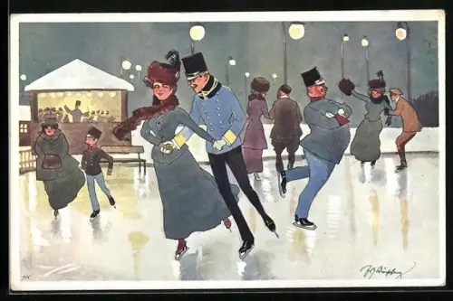 Künstler-AK Fritz Schönpflug: Liebespaar beim abendlichen Schlittschuhlauf