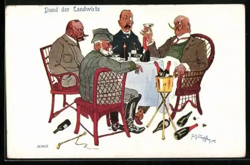 Künstler-AK Fritz Schönpflug: Männer sitzen am Tisch und trinken Sekt, Bund der Landwirte