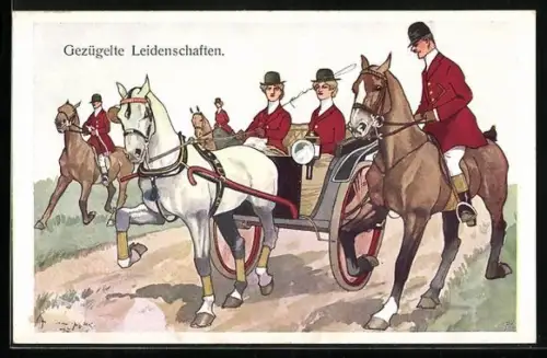 Künstler-AK Fritz Schönpflug: Gezügelte Leidenschaften, Pferdekutsche