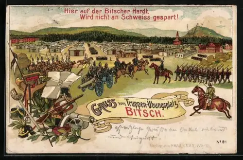Lithographie Bitsch, Truppenübungsplatz, Manöwer