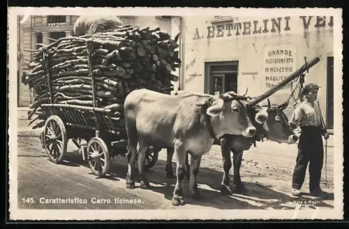 AK Lugano, Caratteristico Carro ticinese, Rinderwagen mit Baumstämmen