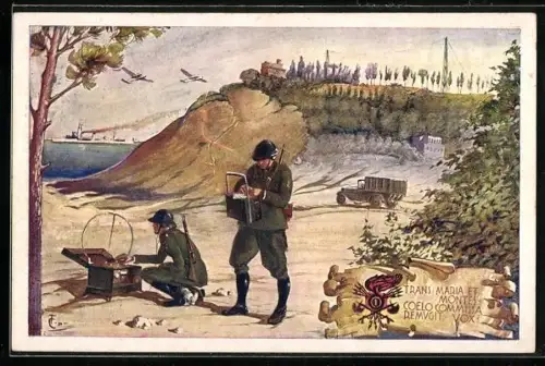 Künstler-AK 1o Reggimento Genio Radiotelegrafisti, Trans Maria et Montes - Coelo Comissa Remugit Vox