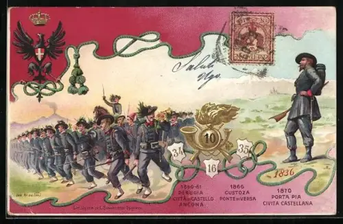 AK 10. Reggimento Bersaglieri, Infanterie in Gefechtsformation rückt vor, Wappen & Adler