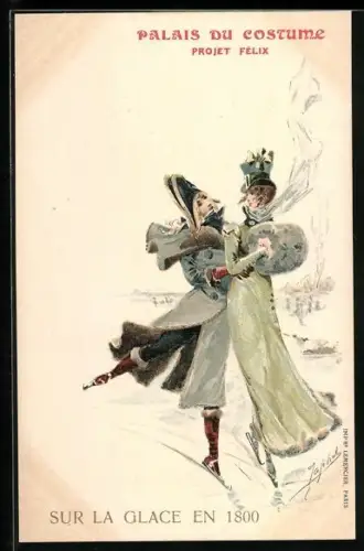 Künstler-Lithographie Palais du Costume, Projet Felix, Liebespaar läuft Schlittschuh um 1800, Mode