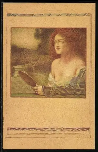AK Rothaarige Schönheit mit einem Handspiegel, Jugendstil