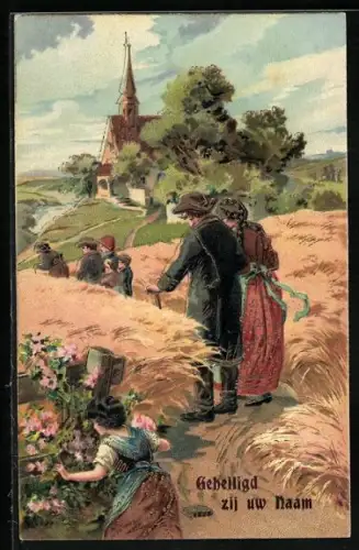 Lithographie Familie auf dem Weg zur Kirche