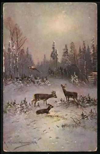 Künstler-AK M. Müller jun.: Rehe und Fasan im Winter
