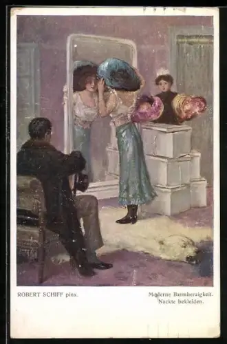 Künstler-AK Robert Schiff: Dame probiert vor einem Spiegel Hüte an