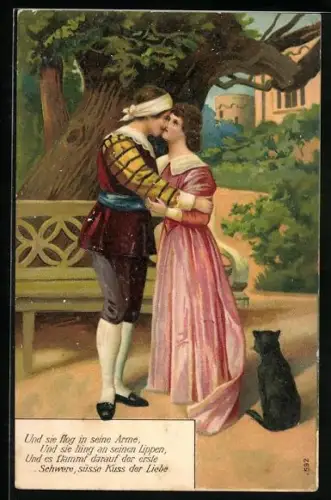 AK Und sie flog in seine Arme..., Paar mit Katze küsst sich