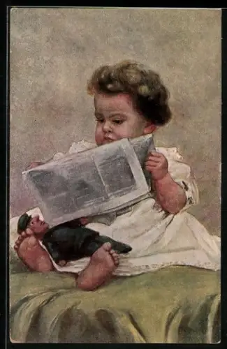 AK Kind mit Zeitung und Soldaten-Puppe, Der kleine Diplomat