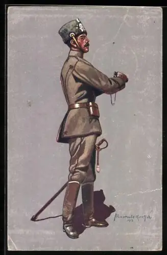 Künstler-AK Danzig-Langfuhr, Stabsoffizier des 1. Leib-Husaren-Regiment Nr. 1 in Felduniform mit Totenkopf-Tschako