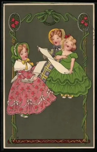 Künstler-AK Drei kleine Mädchen in Biedermeier-Kleidern singen inbrünstig