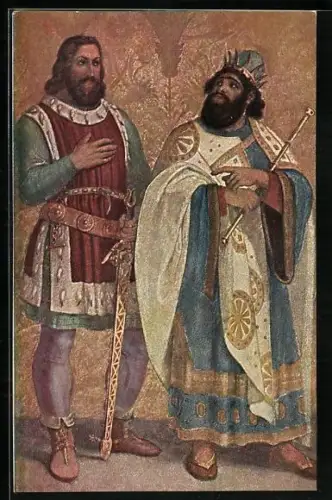 AK Nibelungen, König Etzel und Rüdiger v. Bechelaren Freskogemälde von Schnorr von Carolsfeld in der Residenz in München