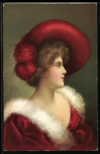 Künstler-AK sign. G. T. Collins: Dame mit rotem Kleid und Hut