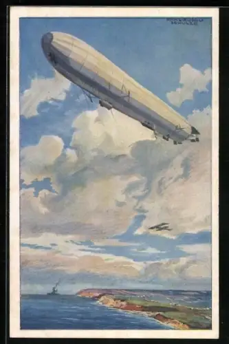 Künstler-AK Hans Rudolf Schulze: Zeppelin Reichsmarineluftschiff auf Wacht an deutscher Ostseeküste