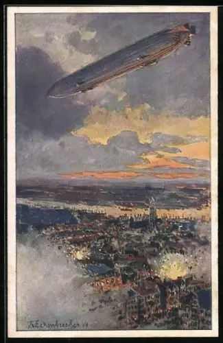 Künstler-AK Themistokles von Eckenbrecher: Antwerpen, Zeppelin über dem Ort