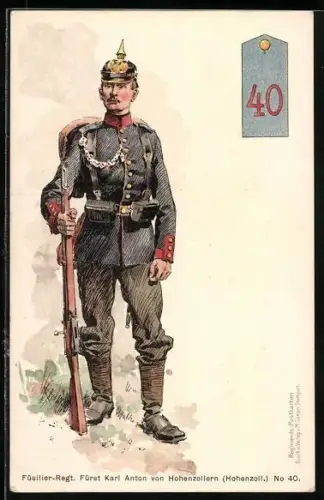 AK Soldat von Füsilier-Regiment Fürst Karl Anton von Hohenzollern Nr. 40, Schulterklappe mit Regimentsnummer