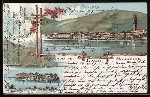 Lithographie Pallanza /Lago Maggiore, Panorama der Stadt, Insel auf dem Lago Maggiore
