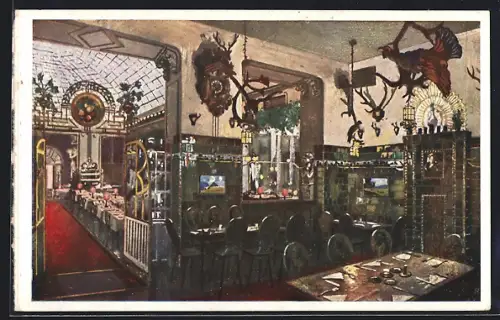 Künstler-AK Wien, Restaurant Linde, Bes. Josef Lehner, Rotenturmstr. 12, Jagdzimmer