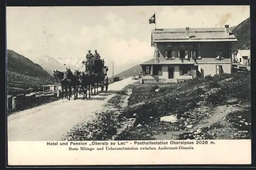 AK Oberalpsee, Hotel und Pension Oberalp au Lac mit Postkutsche
