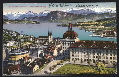 AK Luzern, Teilansicht mit Schweiz. Unfallversicherung und Alpen aus der Vogelschau