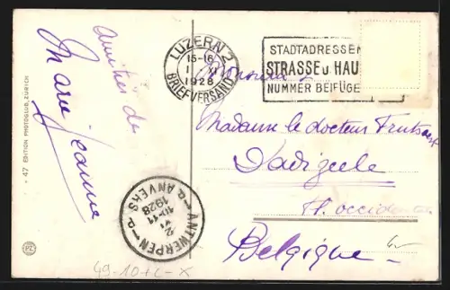 AK Luzern, Teilansicht mit Schweiz. Unfallversicherung und Alpen aus der Vogelschau