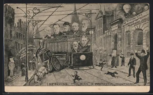 Künstler-AK Grossbritannien, Strassenbahn bei einem Unfall mit einer Kutsche