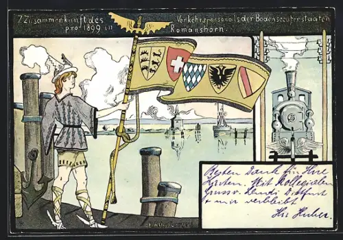 Künstler-AK Romanshorn, 7. Zusammenkunft des Verkehrspersonals der Bodenseeuferstaaten 1899, schweizer Eisenbahn