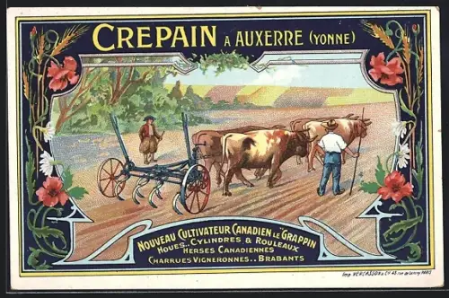 Lithographie Reklame Crepain a Auxerre, Ochsen vor einem Neumodischen Pflug
