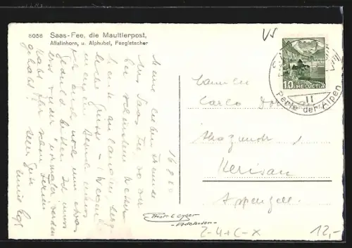 AK Saas-Fée, Maultierpost vor Allalinhorn, Alphubel und Feegletscher