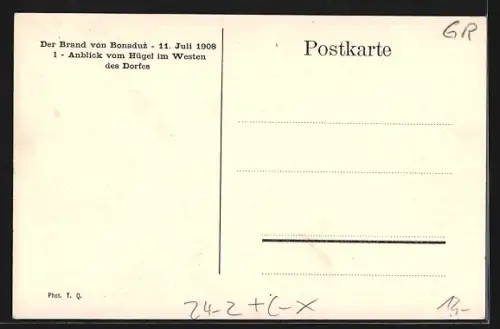 AK Bonaduz, Der Brand vom 1. Juli 1908, Anblick vom Hügel im Westen des Ortes