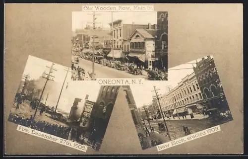 AK Oneonta, NY, Fire, December 27th 1908, Old Wooden Row, Main St., New Block