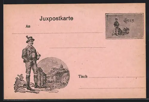 Künstler-AK Graz, Grazer in Tracht mit Strassenpartie als Karten- u. Briefmarkenmotiv, Juxpostkarte